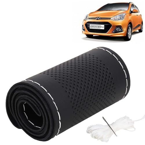 Image of KINGSWAY PU Leatherite Car Steering Cover Sewable Compatible with Hyundai Grand I10 (Year 2013-2017), Black Color with Silver Thread, Pack of 1 with Sewing Needle and Thread