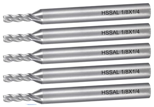 Image of NACX 1 /8 inch HSS Spiral End Mill Milling Cutter, 1 /4 inch Shank High Speed Steel Straight Drill Bits Cutter Tool for Wood Aluminum Steel Titanium Plastic, 4 Flute, 5Pcs
