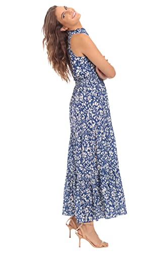 London Times Women's Petite Easy Feminine Versatile Smocked Waist Ruffle Neckline, Surf The Web/Sugar Swizzle #TOP2