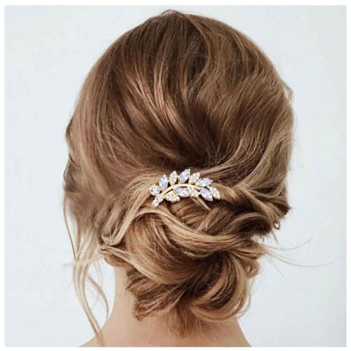 Aneneiceera Vintage Rhinestone Hair Comb Barrette Gold Crystal Leaf Hair Clip Comb Cz Hair Barrette Headpieces Shine Wedding Comb Decorative Headwear Hair Accessories for Women (Gold)