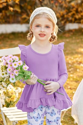 Image of Arshiner Toddler Girl Clothes Ruffle Trim Long Sleeve Pullover Top and Floral Print Leggings Fall Outfits Kids Clothing Sets