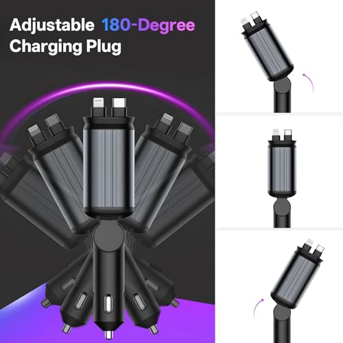 Image of BERTHALESS Retractable Car Charger, 4 in 1 Fast Charging Car Charger USB-C & USB-A Compatible with iPhone 16 /15 /14 /13 /12 /11,Galaxy,Pixel,with Red Starry Sky Light