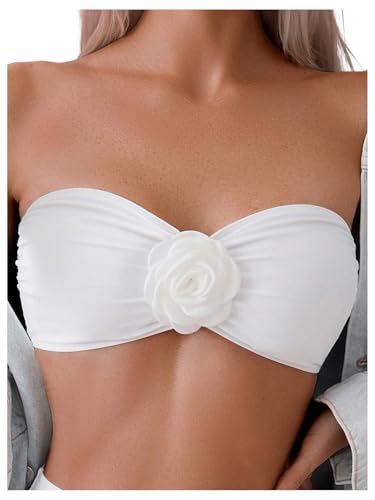 OYOANGLE Women's Floral Appliques Bikini Bandeau Tops Strapless Ruched Tube Top Swimwear