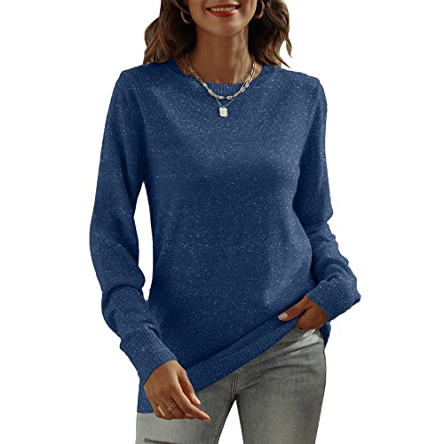 DUTUT Women's Long Sleeve Glitter Tops Crewneck Pullover Sweater Basic Casual Solid Color Tunic Tops Fall Soft Sweater Blue