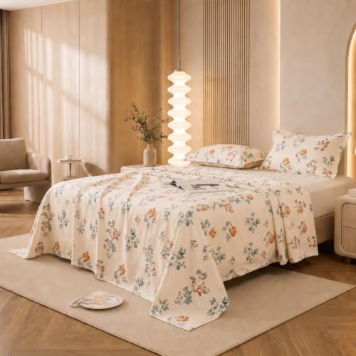 Image of Marrow Lane 300 TC Soft Air Cotton Double Bedsheet with 2 Pillow Covers | Amber Bloom Botanical Floral Print | Breathable Flat Sheet | 228.6 x 254 cm | Ivory & Orange