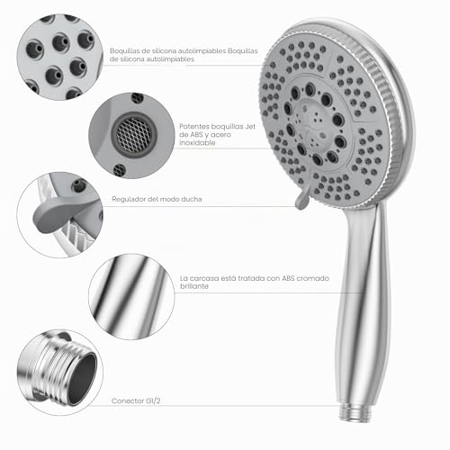 Miniatura 2 de Vinabo Alcachofa De Ducha 1,5 M Flexible De Ducha De Acero Tubo, 5 Funciones De Chorro, Ducha Multifunción De Alta Presión, Abs Cromado, Rociador De Ducha Antical, Alcachofa Con Boquilla, Plata