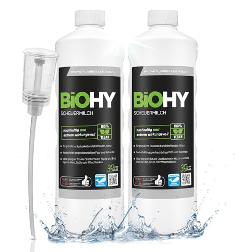 BiOHY Crème à récurer (2 x 1l Bouteille) + Distributeur | élimine sans effort les résidus alimentaires brûlés | nettoyage en sans rayer | pour la céramique et l'acier inoxydable (Scheuermilch)
