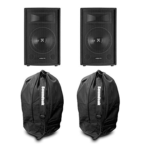 VONYX SL10 Passive PA Speaker Set with Bags - Pair of 10 Inch 500W DJ Speakers & Protective Universal Carry Cases for Mobile DJs, Parties, Events and Small Performance Setups