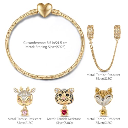 GONA Sterling Silver Charms Bracelet Set S925 Animals Cute Reindeer Tiger Clever Fox Tarnish-Resistant Jewelry Heartful Hugs Collection With Enamel In 14K Gold Plated for Granddaughter Women2