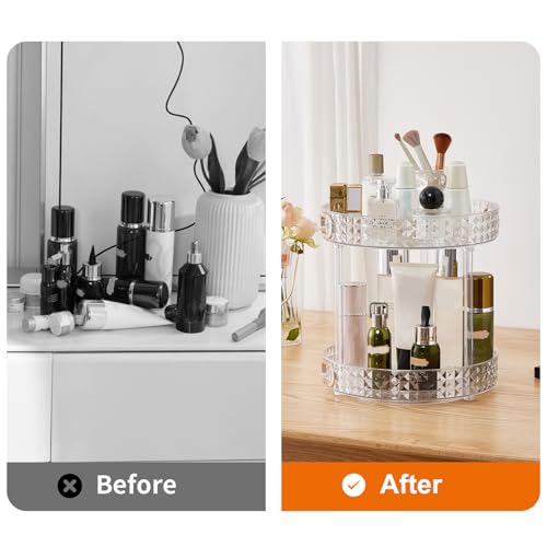 Xonusin 360° Rotating Makeup Organizer, 2 Tier Large Perfume Organizers with Portable Handle for Vanity Bathroom Countertop, Bathroom Counter Organizer for Cosmetics Skincare Perfume