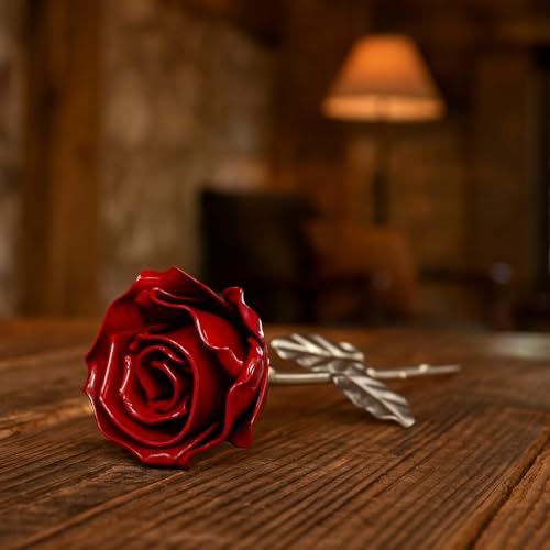 Forging Art Bcn® Rosa Eterna de Hierro Forjada a Mano - Regalo Día de la Madre, San Valentín, Bodas de Hierro (6 Aniversario) (Roja/Plata sin Base)