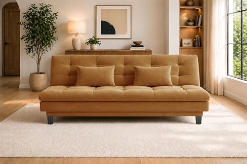Image of 3-Seater Velvet Sofa Cum Bed, Tufted Convertible Sleeper Couch, Space-Saving Design, Comfortable Cushioned Seating - Golden