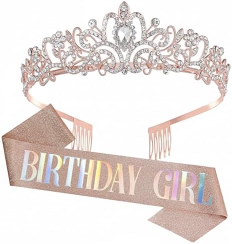 Geburtstagsgeschenk - Roségold-Krone & Schärpe Set – Geburtstagskrone-Accessoire für Mädchen & Erwachsene für Geburtstag, Party & Feier zu 16., 18., 21. & 30. Feier Happy Birthday