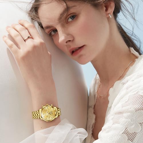 Image of OLEVS Womens Watches Diamond Luxury Dress Gold Wrist Watch Stainless Steel Waterproof Luminous Date