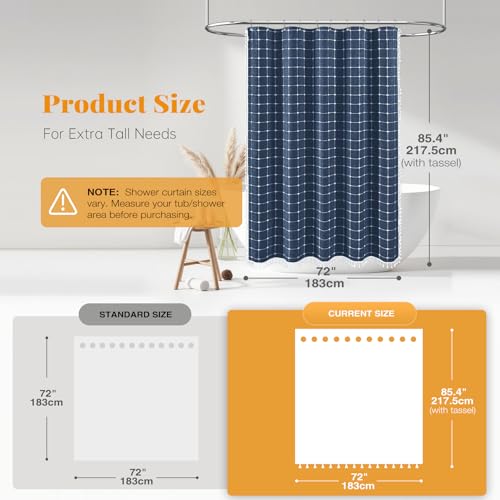 Image of BTTN Extra Long Shower Curtain - 72x84 Inch Long Boho Chic Tassel Linen Fabric Shower Curtain Set with Hooks, Tall Modern Farmhouse Elegant Heavy Duty Cloth Shower Curtains for Bathroom - Navy Blue