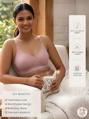 Image of Yuneek Women's Full Coverage Everyday Bra | Non-Padded Non-Wired | Seamless T-Shirt Bra for Women | Soft Cotton Blend | Adjustable Straps | Comfortable