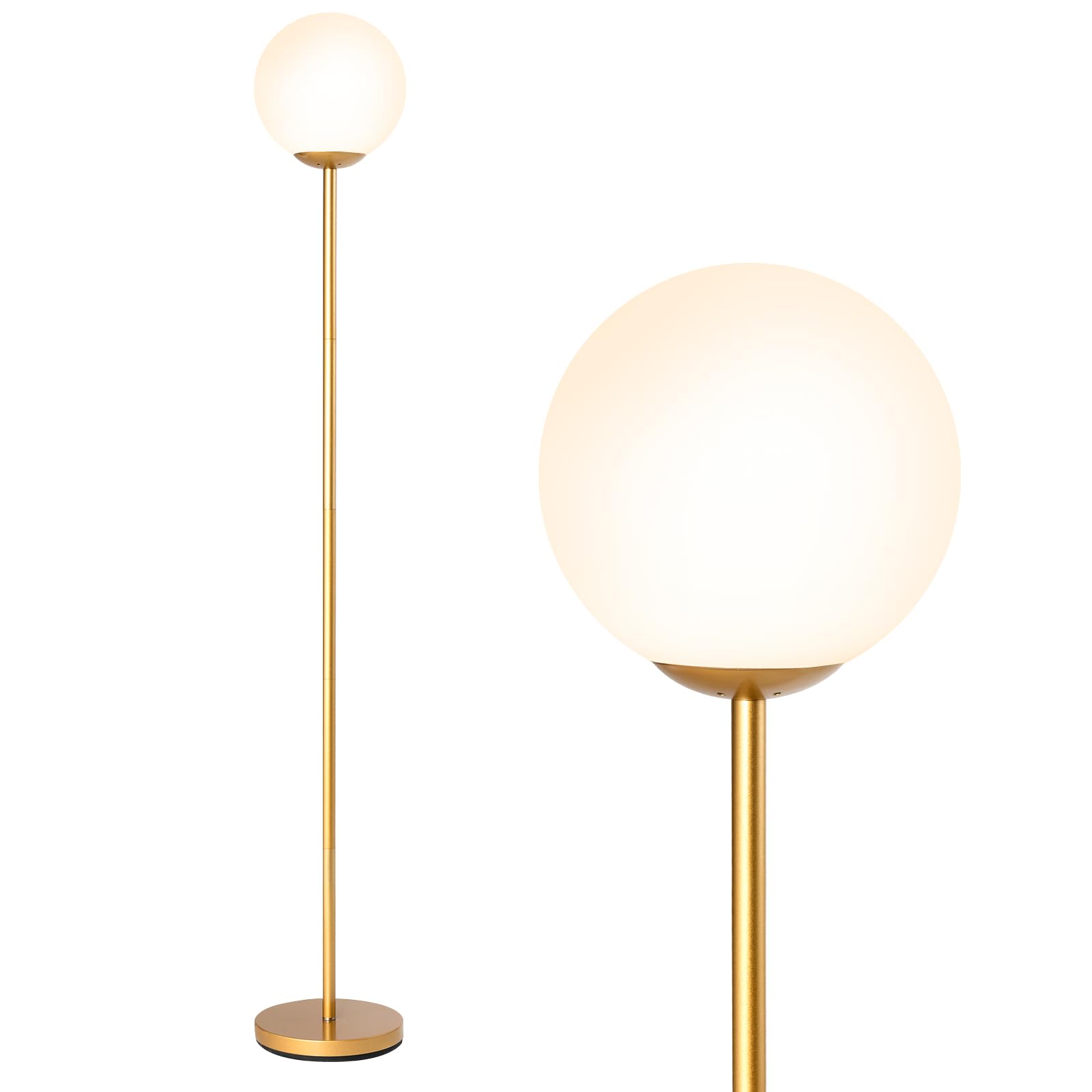 COSTWAY Lámpara de Pie Moderna 165 cm, Lámparas de Suelo Altas con Pantalla de Cristal y Base Pesada, Interruptor de Pie, Lámpara de Pie Lectura para Salón, Dormitorio, Dorado(E27 Bobilla No Incluida)