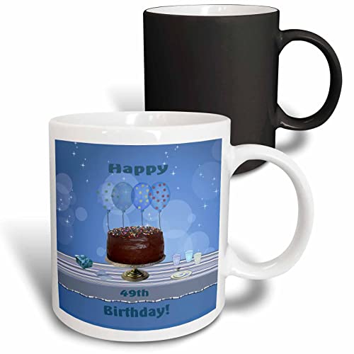 3dRose 49th Birthday Party with Chocolate Cake and Blue Balloons 11oz Magic Transforming Mug