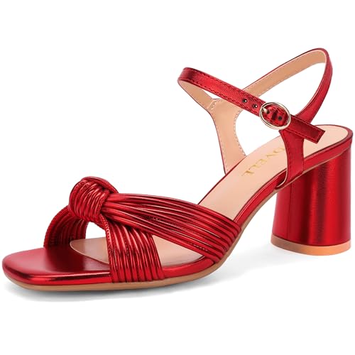 Women's Heeled Sandals Chunky Heel Strappy Metallic Braided Knotted Square Open Toe Ankle Strap Block Heel Sandals