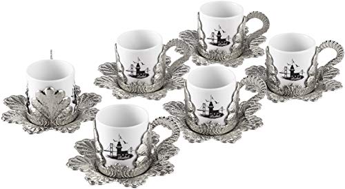 LaModaHome Maiden's Tower Printed Cups with Saucers Set of 6, Porcelain Turkish Arabic Greek Coffee Cup and Saucer, Coffee Cup for Women, Men, Adults, Guests, New Home Wedding Gifts - Silver/White