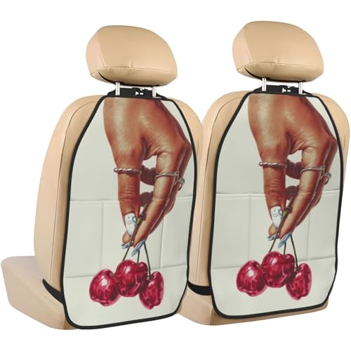 Female Hand Holding Two Charries Vintage Car Seat Back Kick Protectors,2 Pack Kick Mats with Storage Pockets for Vehicles to Protect from Dirt Mud Scratches