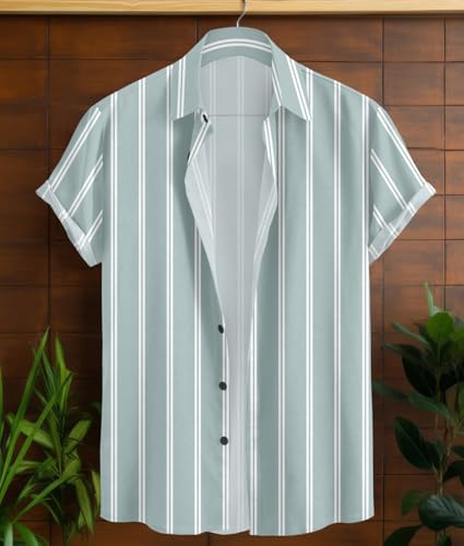 Image of Vertical Striped Short Sleeve Casual Shirt for Men, Stratchable 100% Spandex Material,Black and White