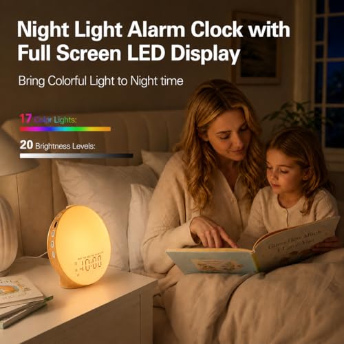 Image of JALL Full Screen Dimmer Sunrise Alarm Clocks for Bedrooms, Wake Up Light with FM Radio, 25 White Noise Sleep Sounds, Bluetooth Speaker, Dual Alarms Bedside Clock for Heavy Sleepers