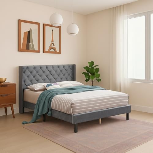 Image of Wooden Upholstered Bed King Size Without Storage | Wrought Iron King Size Cot with Headboard | Double Size Bed for Bedroom | Palang Furniture for Guest Room, Grey Finish-1, (Grey Finish-1)