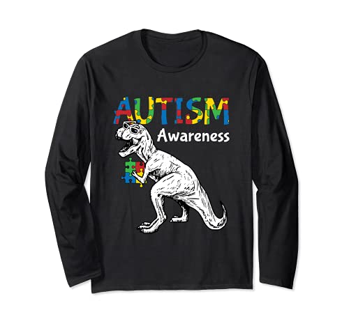 T-Rex Autism Awareness Cute Dino-saur Puzzle Piece Animal Maglia a Manica