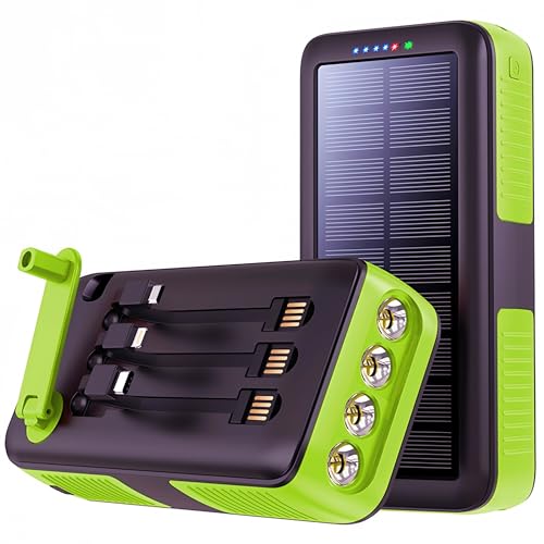 Solar Power Bank Portable Charger 63200mAh Battery Pack, Hand Crank Charger Dual Outputs Inputs 4 LED Flashlight, Fast Charging with Built in Cables Power for Phone Camping Emergency Travel (Green)