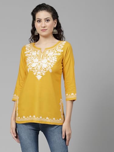 Image of QAZMI Aari Embroidered Rayon Cotton Short Kurti