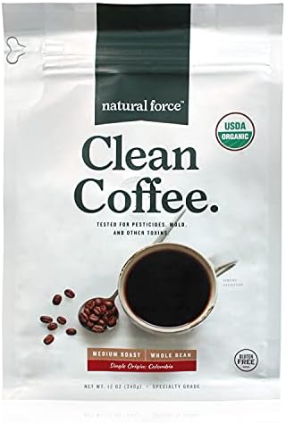 Natural Force - Organic Clean Coffee Classic, Mold & Mycotoxin Free, Lab Tested for Toxins & Purity, Low Acidity, Incredible Taste & Aroma, Whole Bean Medium Roast, 12 oz