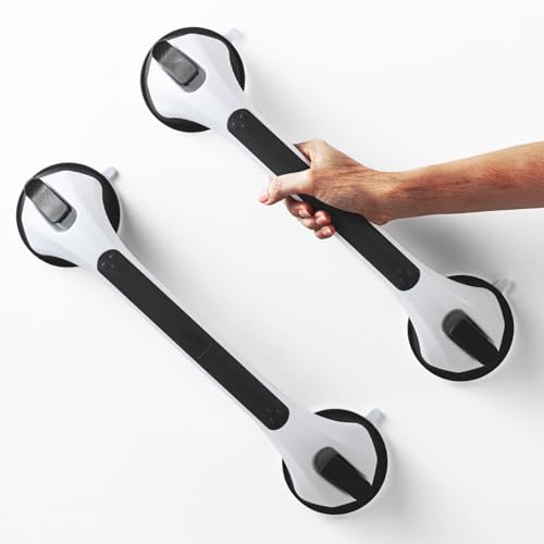 LEVERLOC Shower Grab Bar, 2 Pack 16 Inch Suction Grab Bars for Bathtubs, Shower Handle for Bathroom, Removable Handrails for Seniors and Elderly, Waterproof Drill Free, Black by LEVERLOC - Used condition - CA$16.24