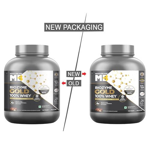 Image of MuscleBlaze Biozyme Gold 100% Whey Protein Powder, 2kg (4.4 lbs) | Chocolate Hazelnut | 26g Protein Per Scoop with Whey Isolate as the Primary Protein Source