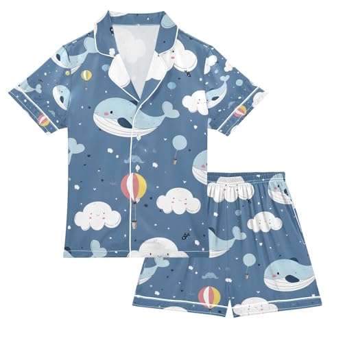 senya Cartoon Whale with Balloon Satin Summer Pajama Sets Silk Short Sleeve Button Down Sleepwear