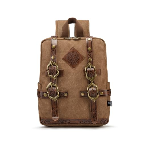 SV SENVAN Viking Steampunk Leather Backpack – Medieval LARP Renaissance Bag with Metal Accents, Brown Embossed Canvas for Outdoor Travel & Cosplay by Generic - Used condition - US$32.82