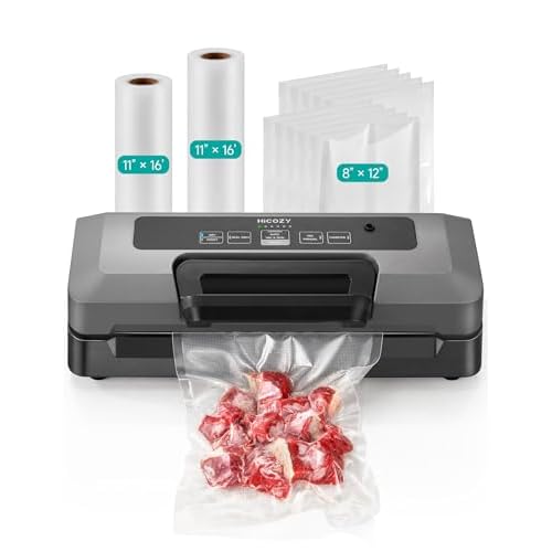 HiCOZY Vacuum Sealer for Food, Powerful Heat Food Sealer, Dry Moist 7-1 Multiple Automatic Modes, Easy-Lock Handle, Compact Design with 10 Vacuum Bags & 2 Bag Rolls, Bag Cutter Included, Spa