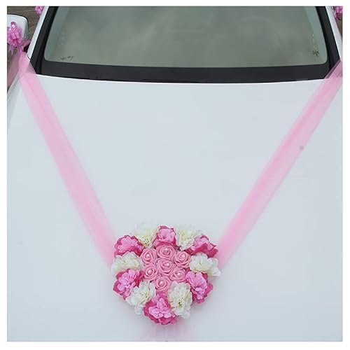 Juego de decoración para coche de boda, 1 forma de corazón, decoración de flores, 30 cm + 10 flores dibujadas a mano, decoración del coche, boda, pareja de rosas para boda (rosa) Cover
