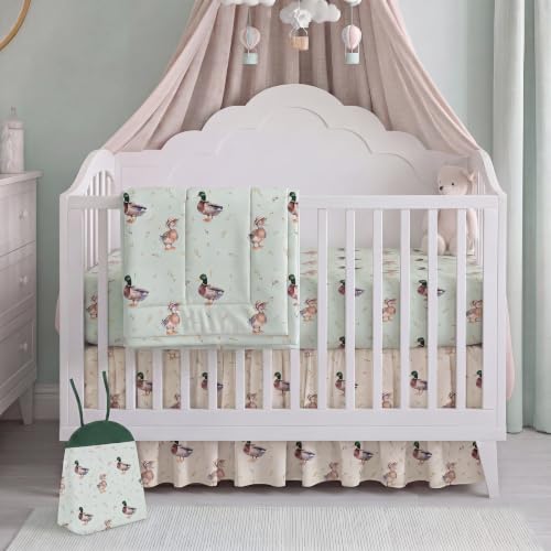 Image of Hahafelt 4 Pieces Crib Bedding Set for Girls and Boys, Soft Baby Bedding Set Including Crib Skirt, Comforter, Sheet and Diaper Stacker for Nursery (Mallard Duck)