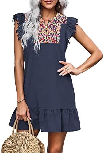 KIRUNDO 2023 Women's Summer Mini Dress Casual V Neck Floral Embroidered Ruffle Sleeveless Shift Dress Flowy Boho Dress(B-Navy, Small)