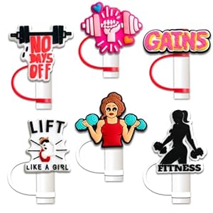 6Pcs Fitness Straw Cover Toppers, 10mm Reusable Straw Cover Caps, Drinking Dust Proof Straw Tips Lids for Tumbles Cups Accessories (Fitness)