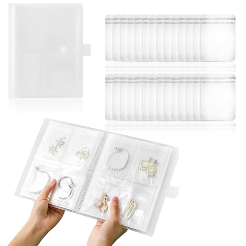 MHYMX Almacenamiento de joyas de viaje, bolsa de joyas para viajes, organizador de pendientes transparente, 160 rejillas y 100 bolsas de PVC, organizador de joyas portátil para anillos, pendientes,