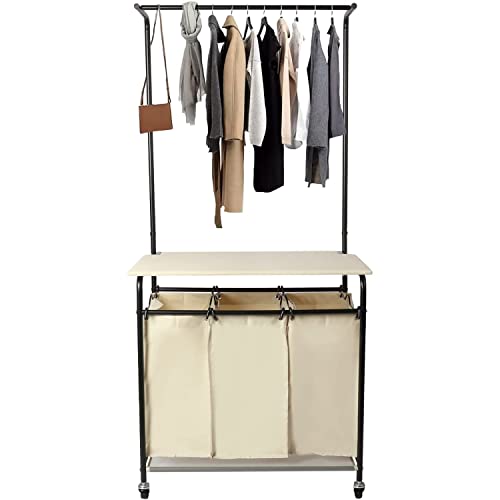 Wäschesortierer 3 Abschnitt Wäschesortierer Cart mit hängenden Bar Rolling, Wäschekorb Organizer Heavy Duty Wäschekorb Cart mit Rolling abschließbare Räder, Bügelbrett und 3 abnehmbare Taschen Cover