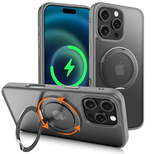 Case for iPhone 16 Pro Max/16 Pro/16 Plus/16, Compatible with MagSafe Slim Matte Back Soft TPU Bumper Airbag Drop Protection Case with with 360° Rotating Ring Stand (Gray, 16 Pro Max)