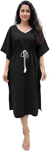 Crafts Moda Cotton Kaftan for Women - Loungewear Relaxed Fit Midi Dress - Kantha Work