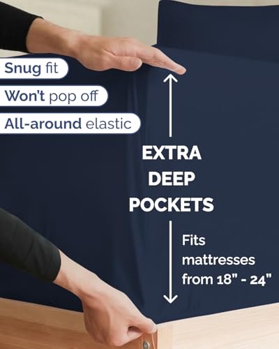 Image of Extra Deep Twin XL Sheet Set - 4 Piece Breathable & Cooling - Navy Blue | Hotel Luxury Bed Sheets Set, Easy & Secure Fit, Ultra-Soft, Wrinkle & Fade Free, Comfy Sheets Set with Extra Deep Pockets