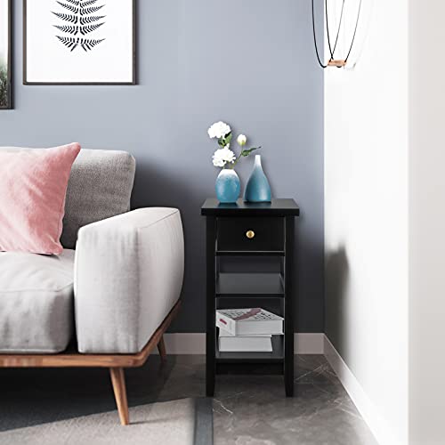 Zenoddly Small Side Table With Drawer & 2 Shelves, 3 Tier Narrow End Table With Storage, Black End Tables For Living Room With Storage, Elegant Wood Side Tables Living Room Tables #TOP2