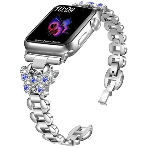 SHGM Band Compatible with Apple Watch Bands 38mm 40mm 41mm 42mm 44mm 45mm iWatch Series 8/7/6/5/4/3/2/1/SE, Women's Dressy Jewelry Metal Wristband Strap Diamond Rhinestone (38mm Silver LS) Cover