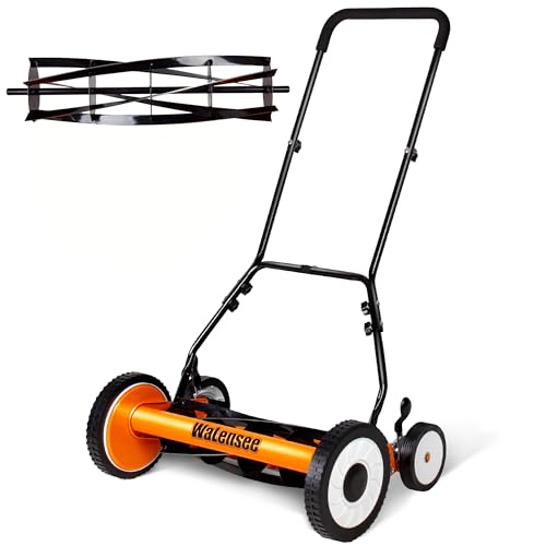 Image of Walensee 18-Inch Manual Lawn Mower, 5-Blade Push Reel, 9 Heights | Precision-Ground Alloy-Steel Blades Deliver Clean Scissor-Like Cuts, While Manual Cordless Operation Keeps Lawn Care Quiet