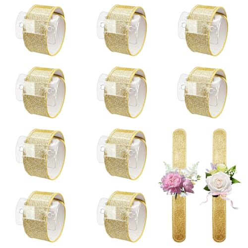 Diakey 10 Pack Slap Corsage Wristlet Band, Shiny Wrist Corsage Bracelets Wedding Flower Corsage Slap Bracelets Bulk for Bridesmaid Bridal Shower Party Favors, Gold by Diakey - Used condition - US$12.94